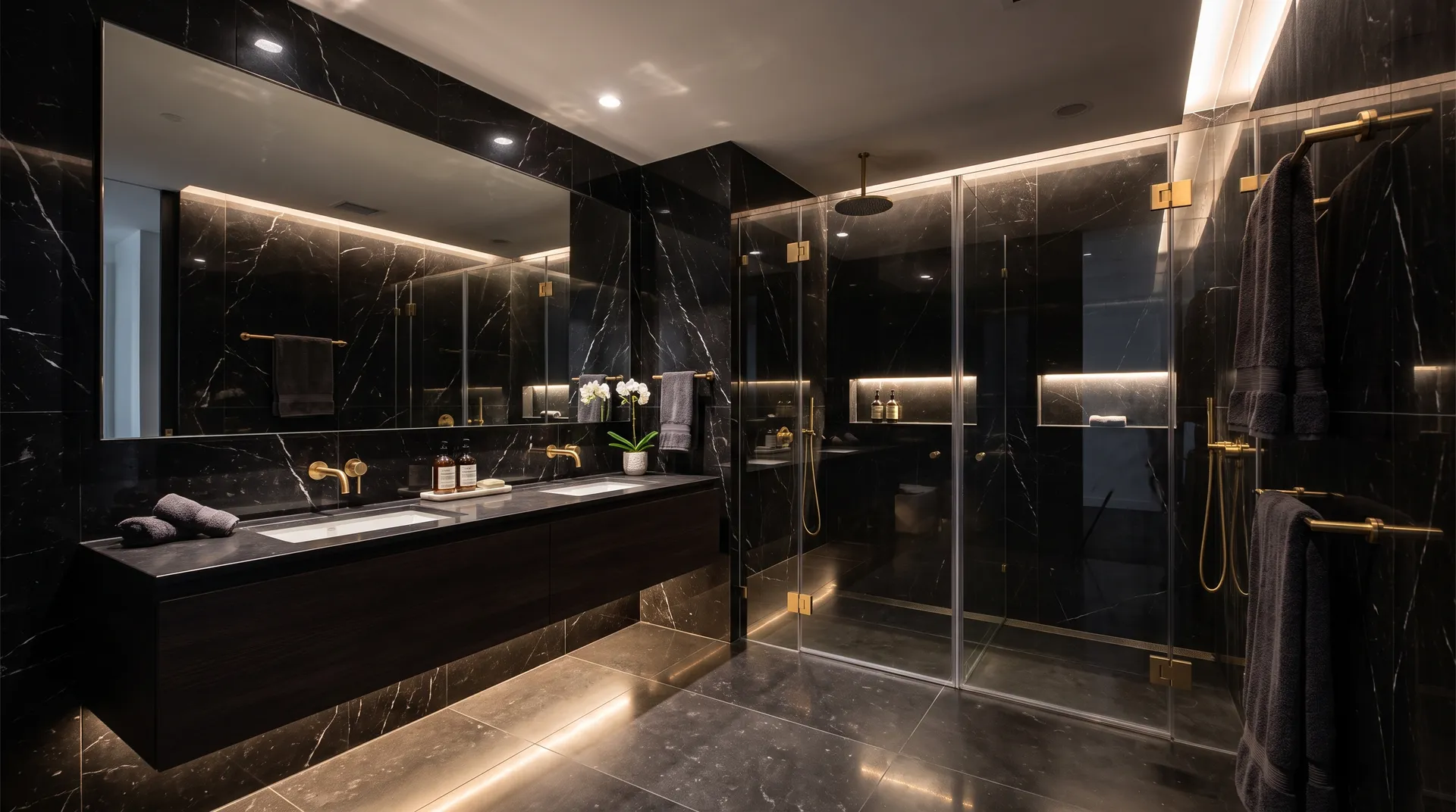 Dark Marble Luxury Bathroom with Elegant Gold Accents