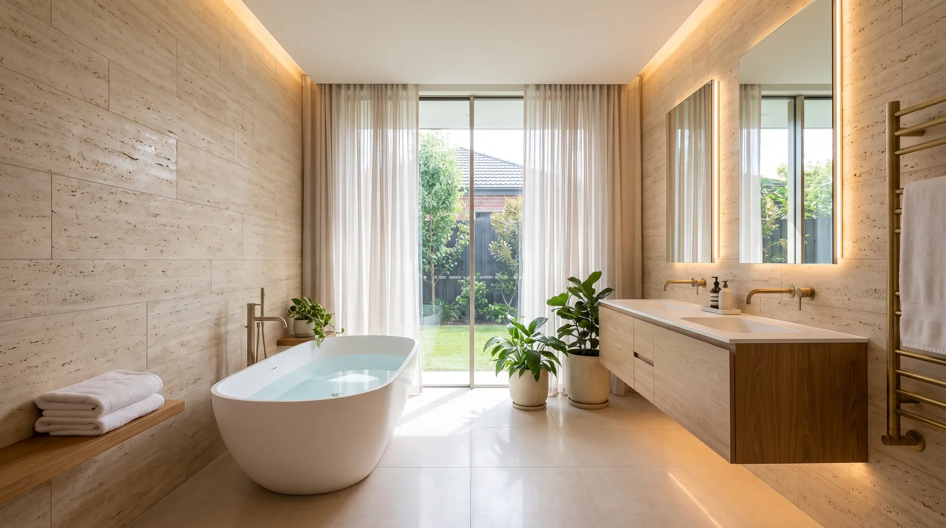 Luxury Modern Spa Bathroom with Natural Stone and Freestanding Tub