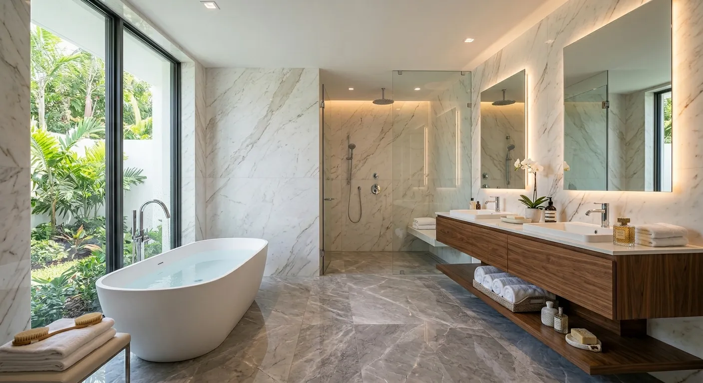 Modern Luxury Bathroom with Natural Stone and Warm Ambient Lighting