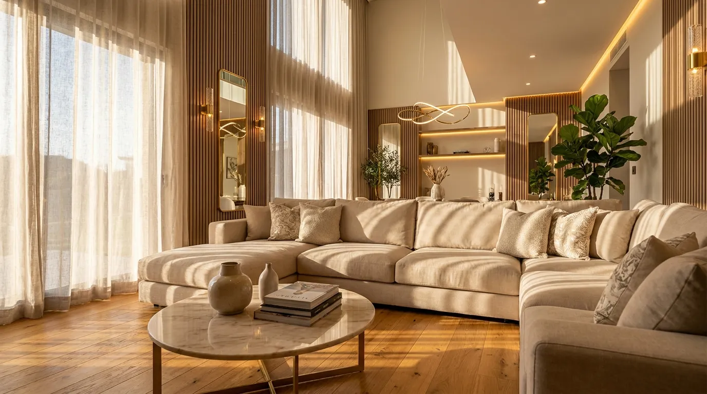 Sunlit Luxury Living Room with Neutral Home Decor