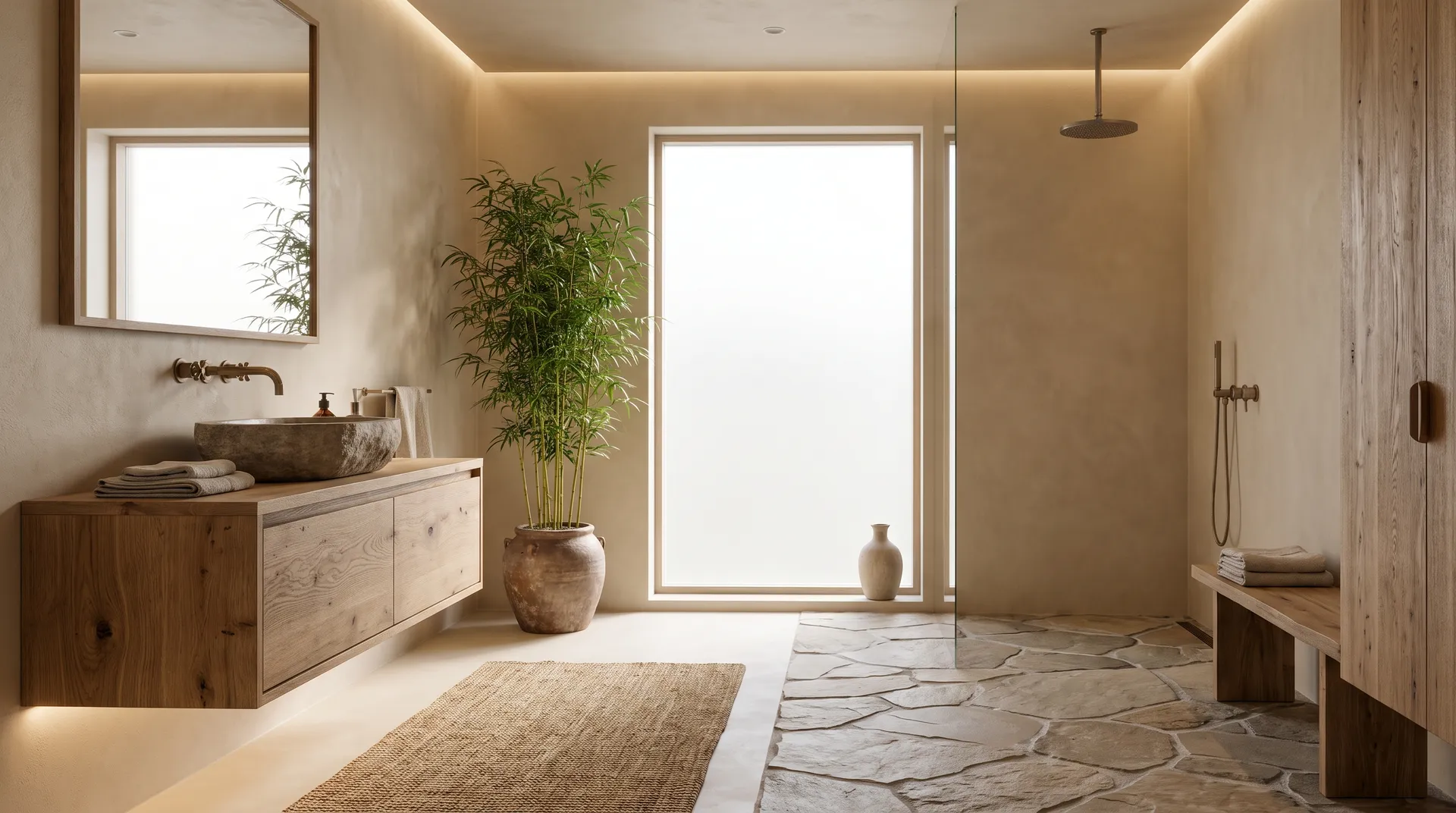Peaceful Japandi Bathroom with Natural Wood and Stone